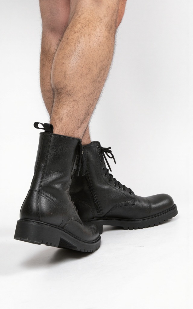 A male model wearing Combat boots, against a white background, with a close   up of the feet